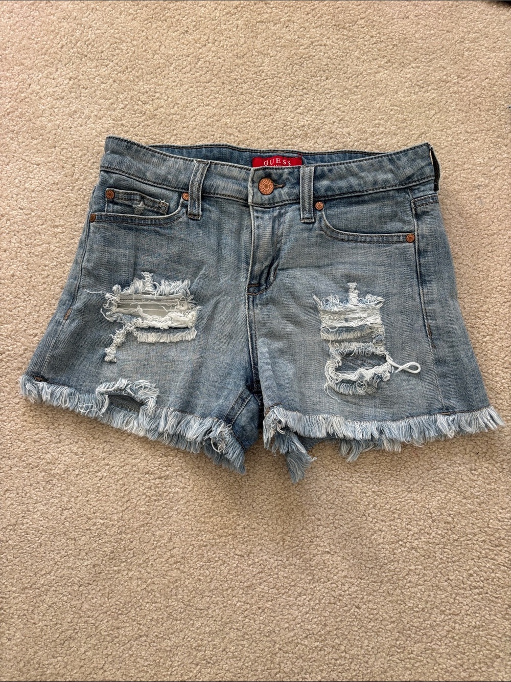 GUESS Light Blue Distressed Denim Shorts with Frayed Hem